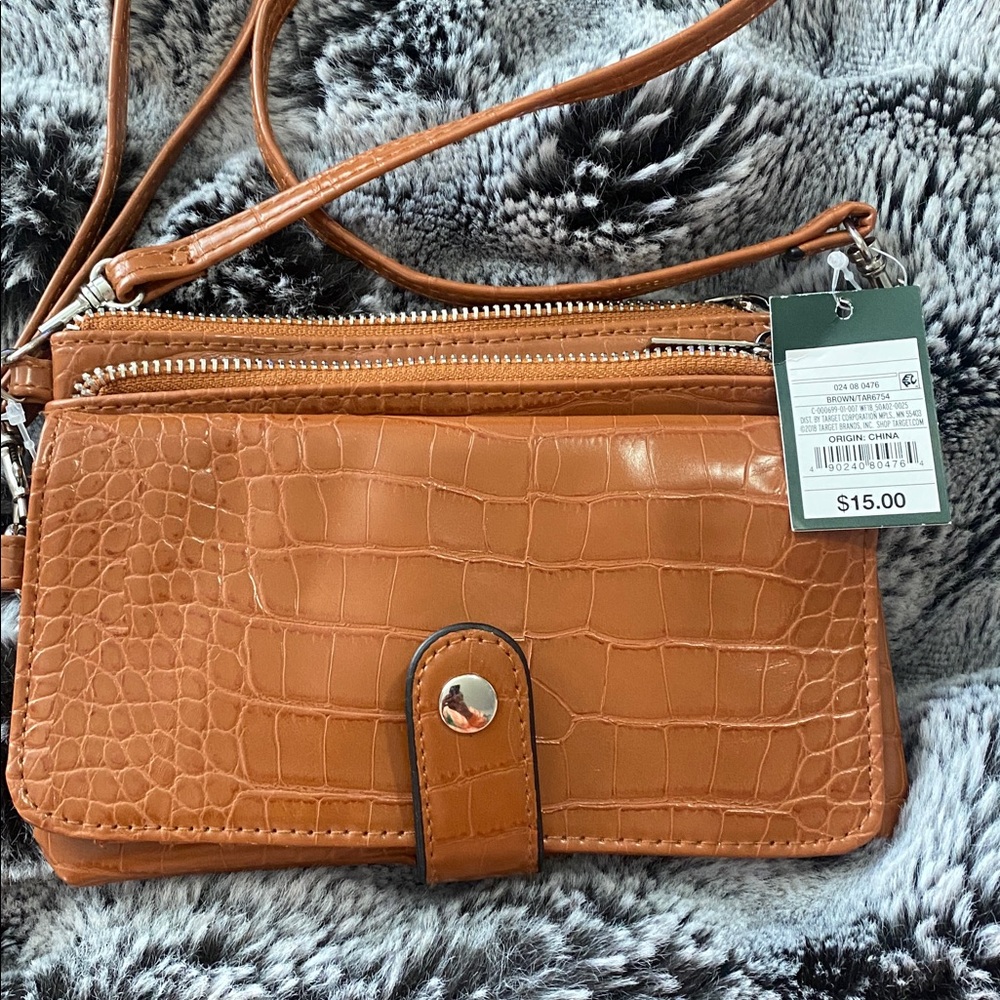 Croc-Embossed Tan Crossbody Bag